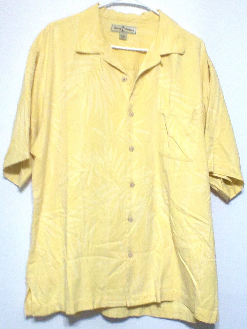 Tommy Bahama Silk Blend Embroidered Palm Hawaiian Shirt Men's Large Yellow Reso